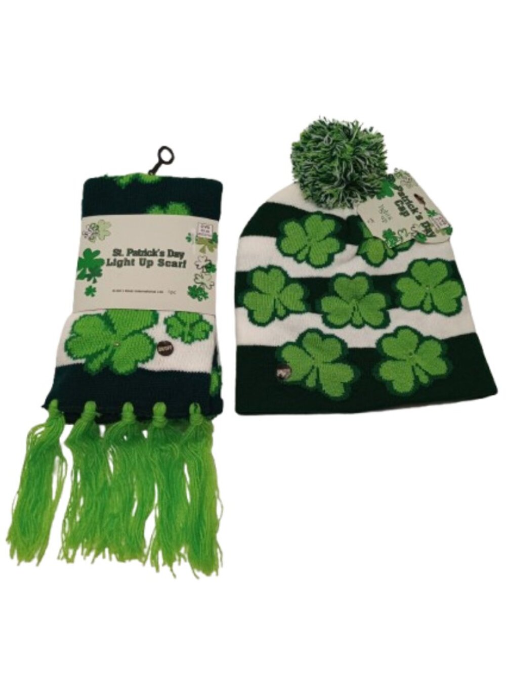 St. Patrick's Day Light Up Scarf & Pom-Pom Beanie Cap Set Shamrock Clover NWT